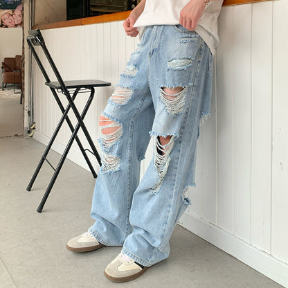 Damage Multi-Hole Straight Denim Jeans WN24963