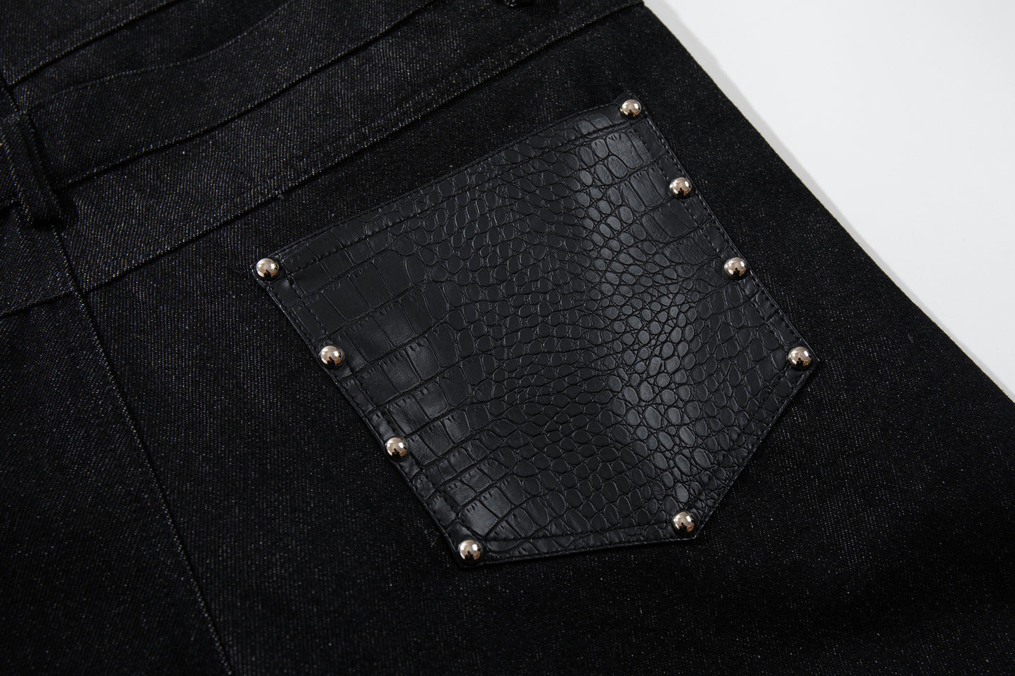 Rivet Leather Patchwork Wide Leg Denim Jeans WN23050