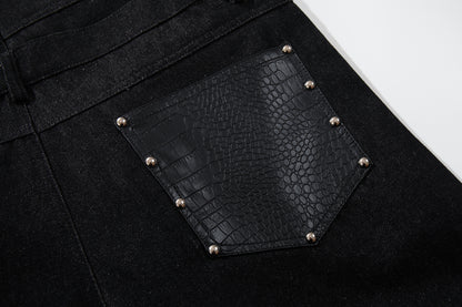 Rivet Leather Patchwork Wide Leg Denim Jeans WN23050