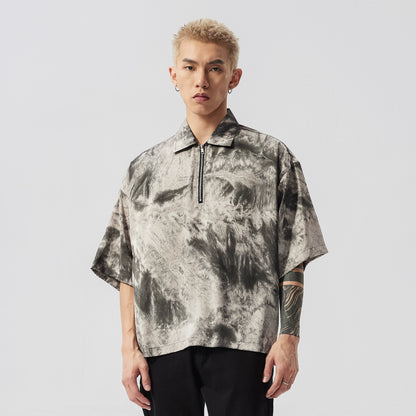 Tie-Dye Ink Design Half Zipper Polo Shirt WN17487