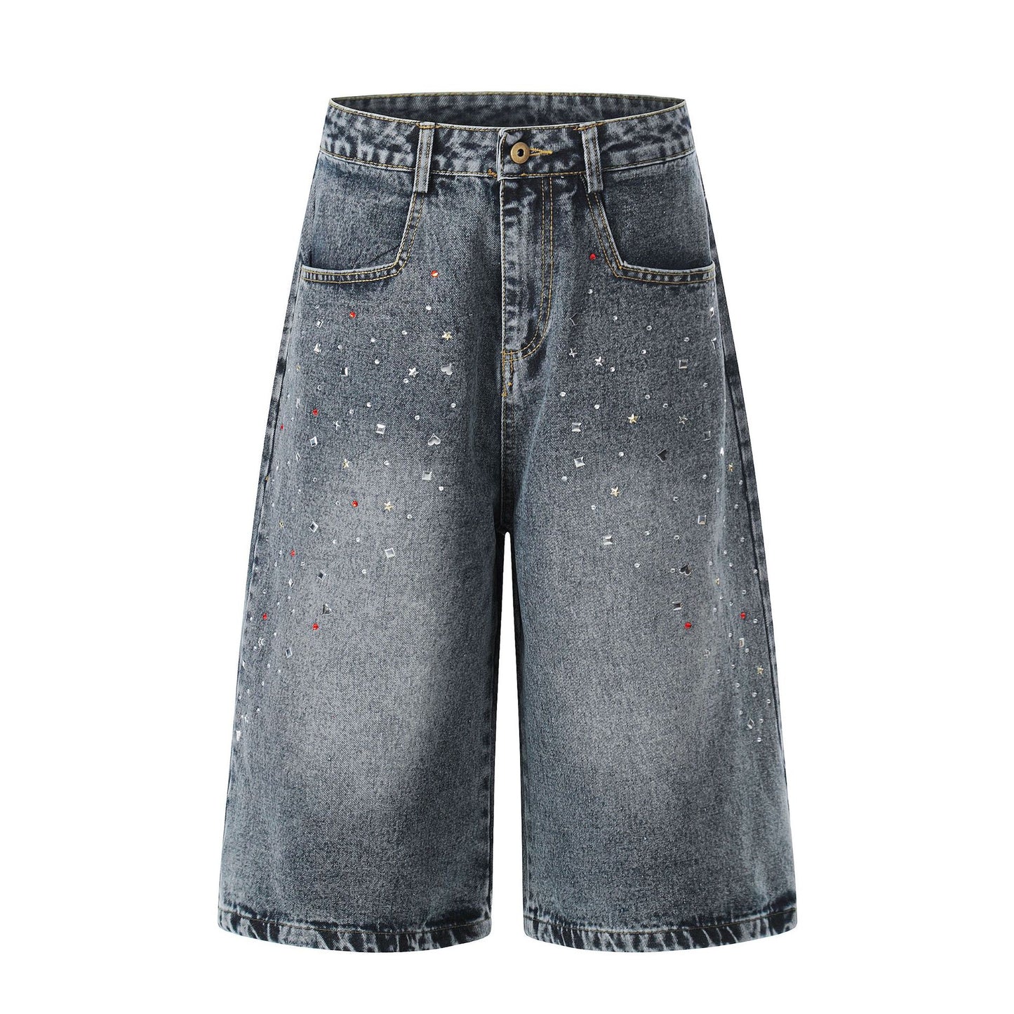 Washed Rhinestone Denim Wide Leg Half Pants WN25697