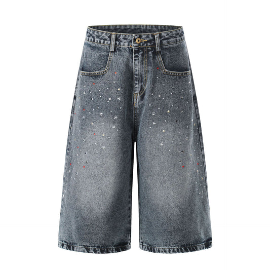 Washed Rhinestone Denim Wide Leg Half Pants WN25697