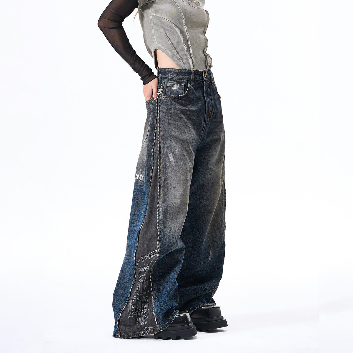Panel Wash Wide Leg Denim Jeans WN23107