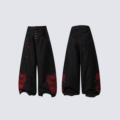 Dragon Embroidery Wide Leg Denim Jeans WN27934