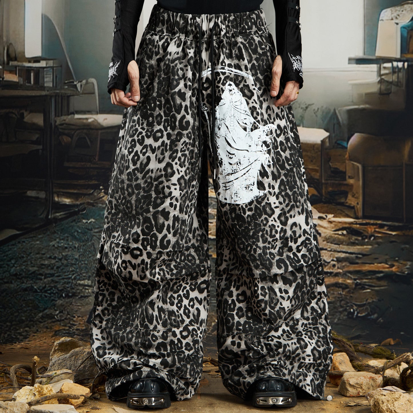 Leopard Print Pleats Wide Leg Pants WN22766