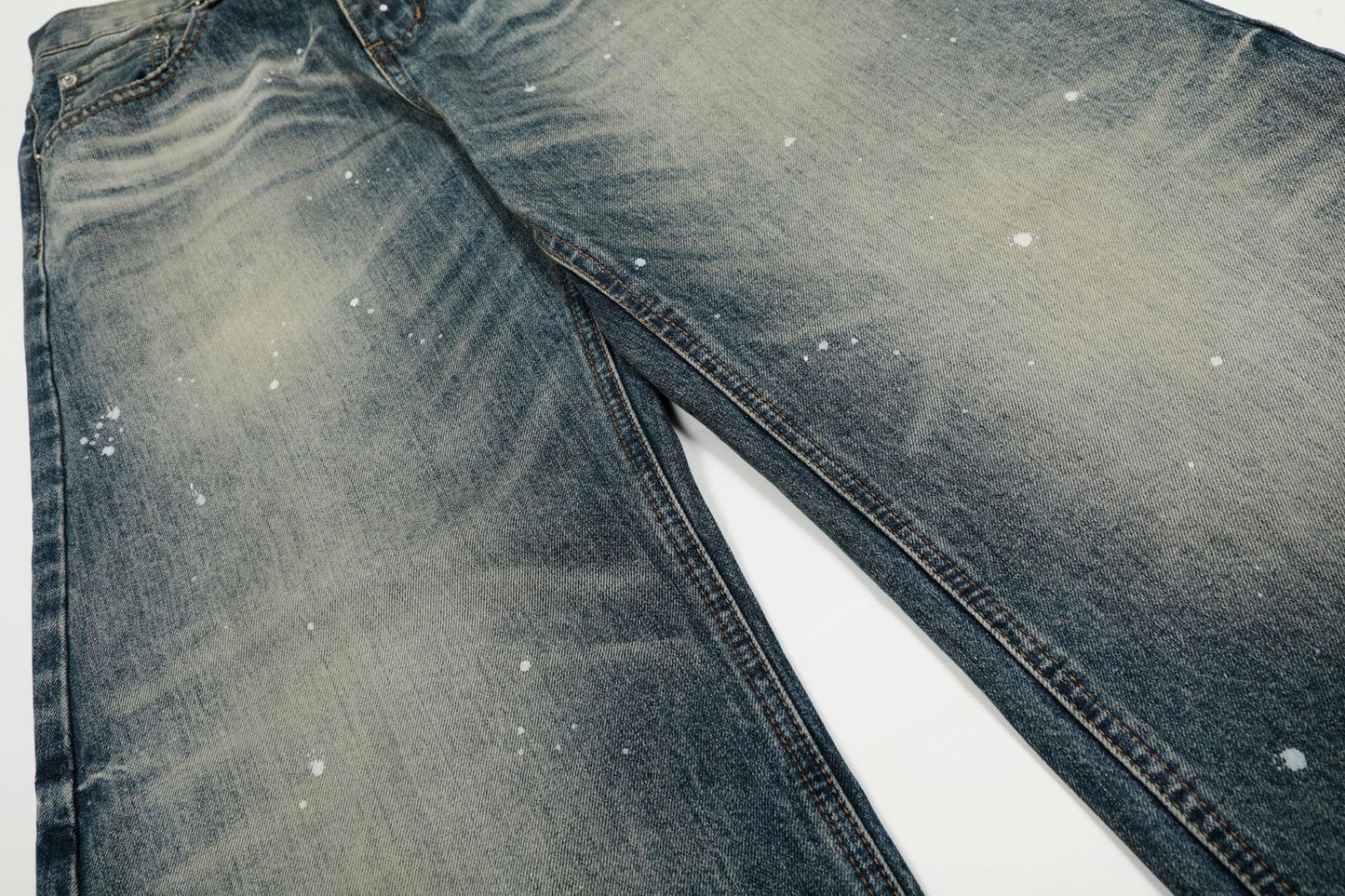 Washed Whisker Paint Splatter Curved Denim Jeans WN26141