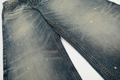 Washed Whisker Paint Splatter Curved Denim Jeans WN26141