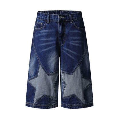 Washed Damage Star Patchwork Knee-Length Denim Jeans WN26810