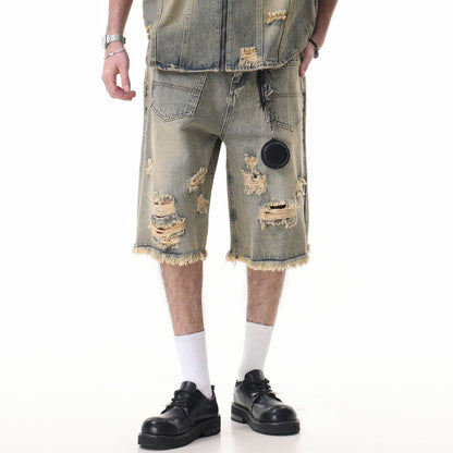 Washed Damage Wide Leg Denim Short Pants WN25596
