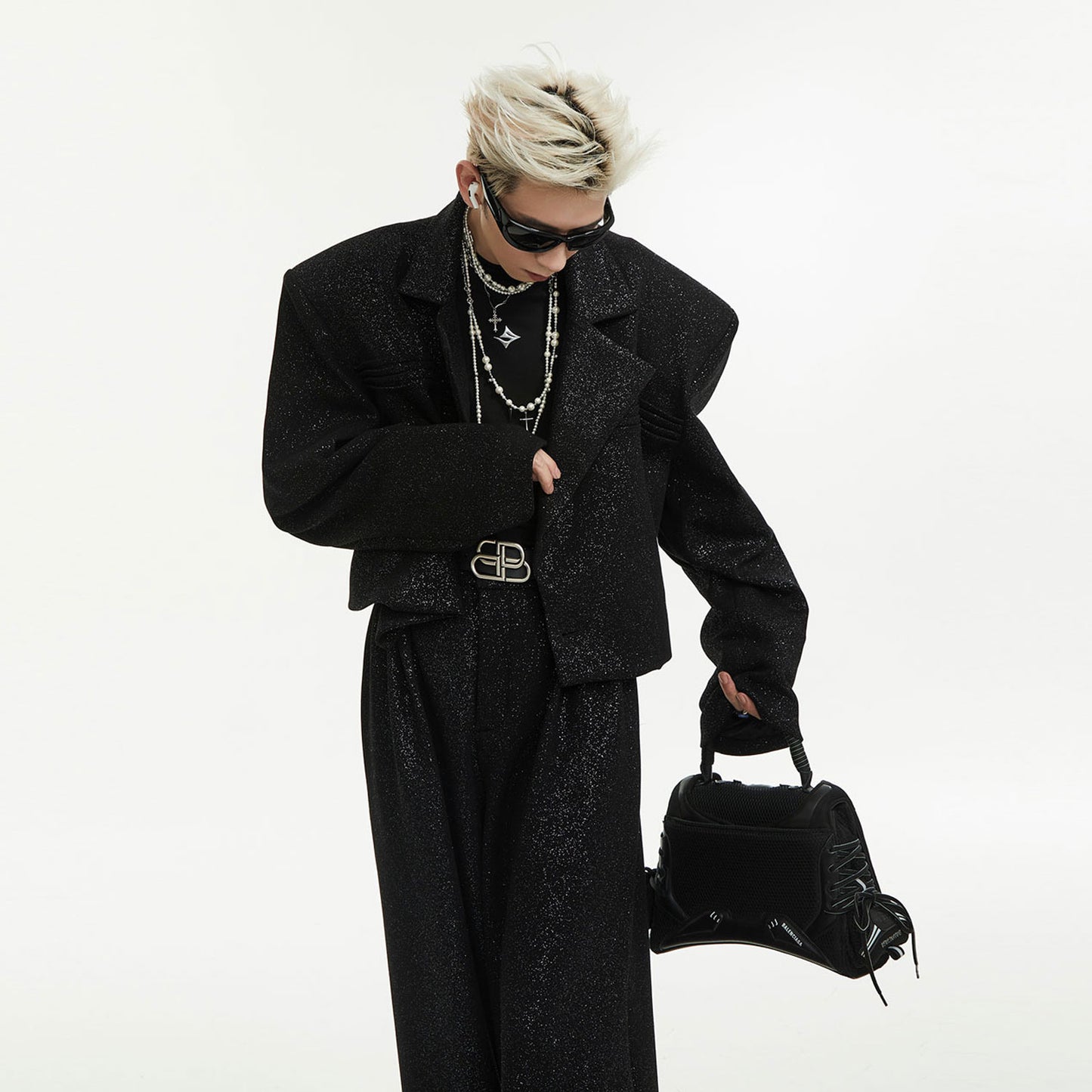 Sequin Shoulder-Pad Tailored Jacket & Wide-Leg Trousers Setup WN15438