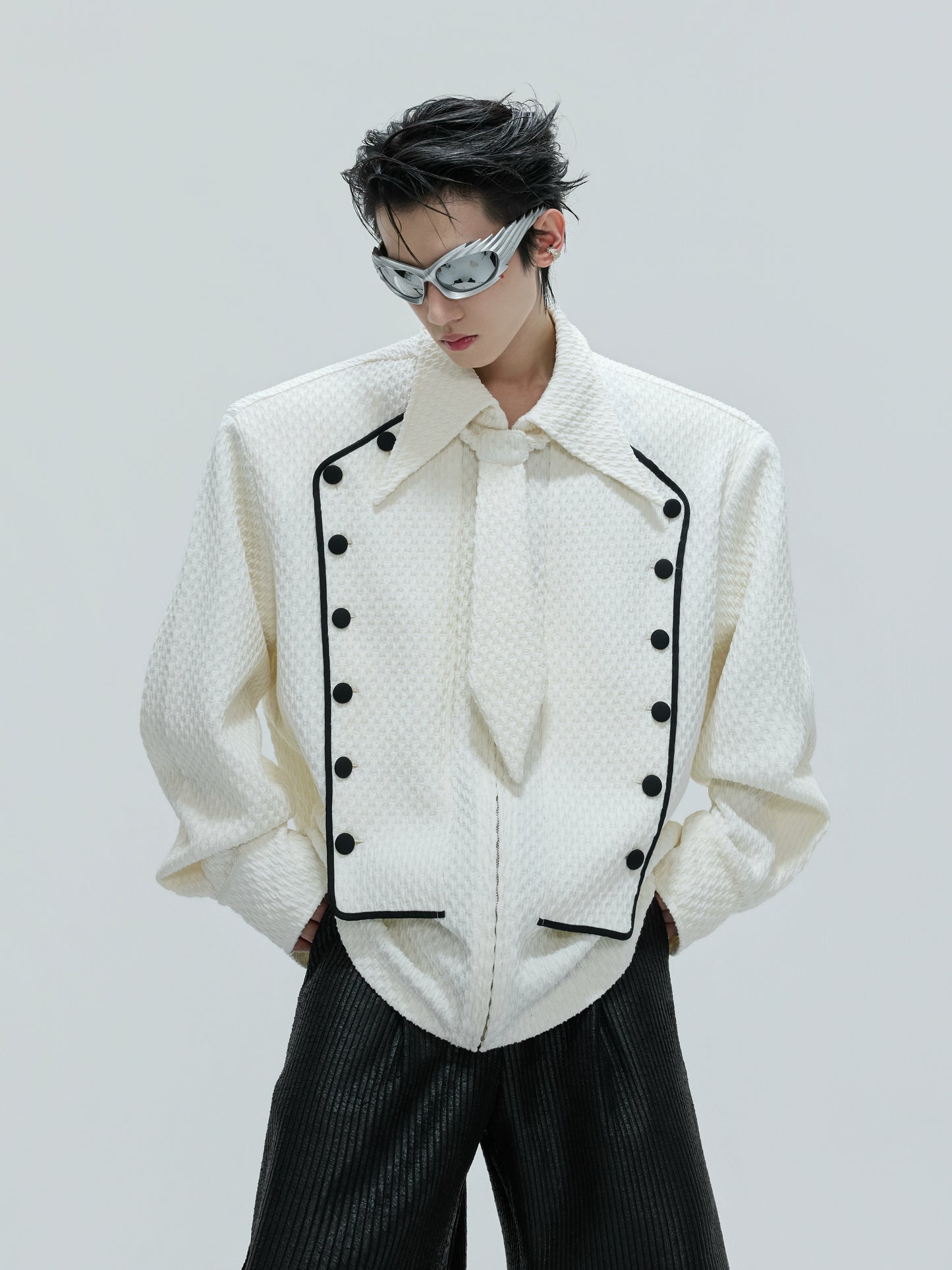 Double-Breasted Textured Tie Design Shirt Jacket WN21740