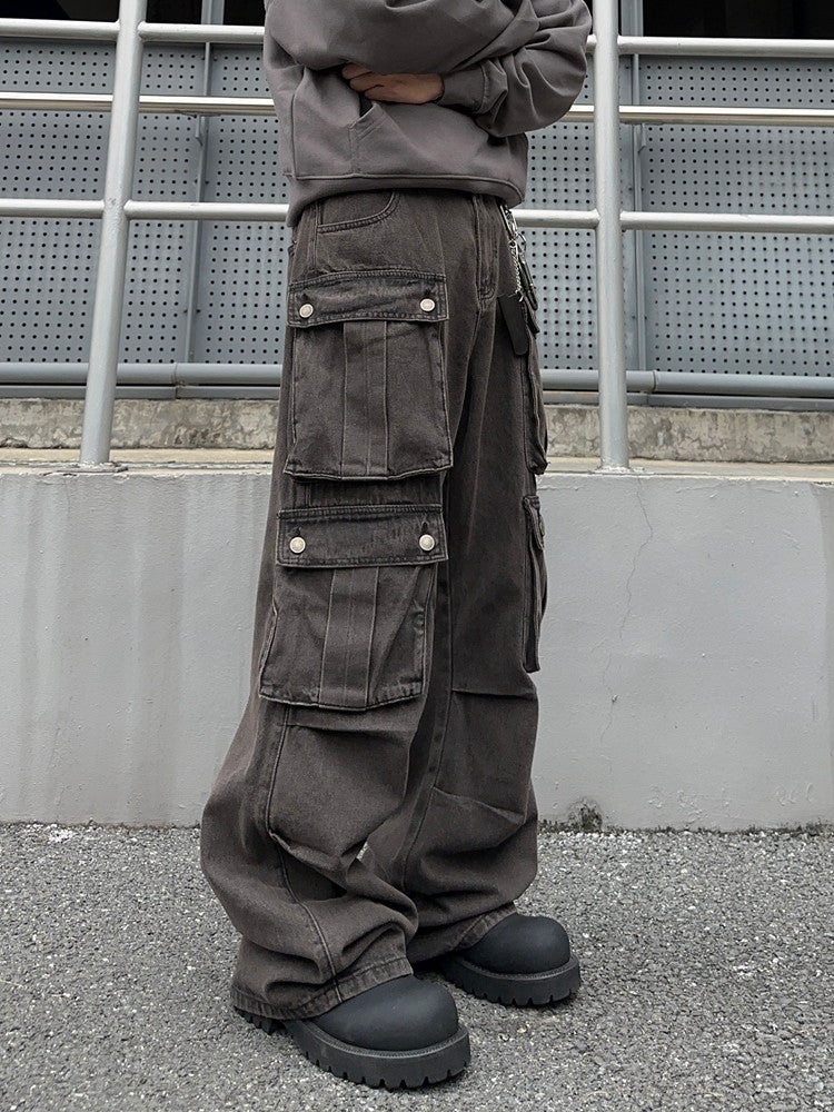 Wash Damage Multi Pocket Straight Cargo Denim Jeans WN24360