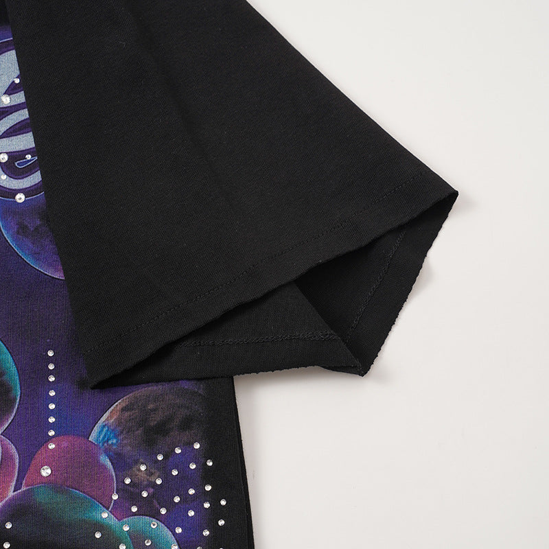 Planet Graphic Rhinestone Letter Short Sleeve T-Shirt WN28109