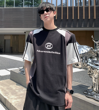 Patchwork Contrast Detachable Shoulder-pad Oversize Short Sleeve T-Shirt WN25268
