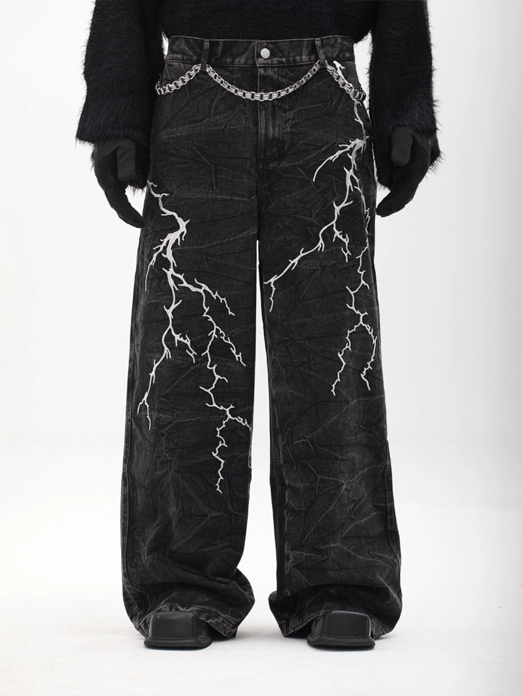Lightning Embroidery Wide Leg Denim Jeans WN18727