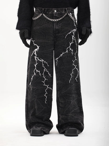 Lightning Embroidery Wide Leg Denim Jeans WN18727