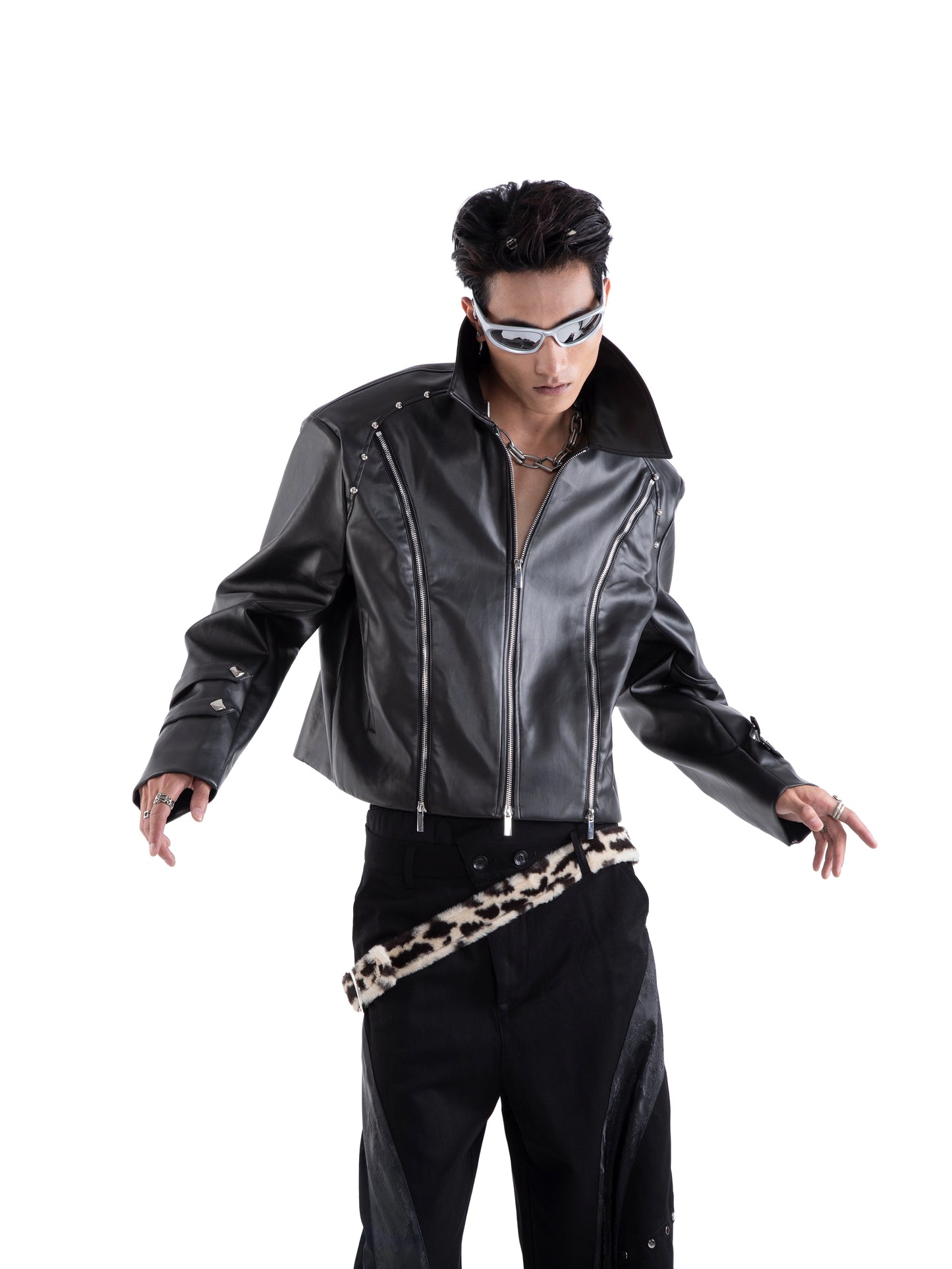 Rivet Multi-Zipper Shoulder-Pad Standing-Collar PU Leather Jacket WN20661