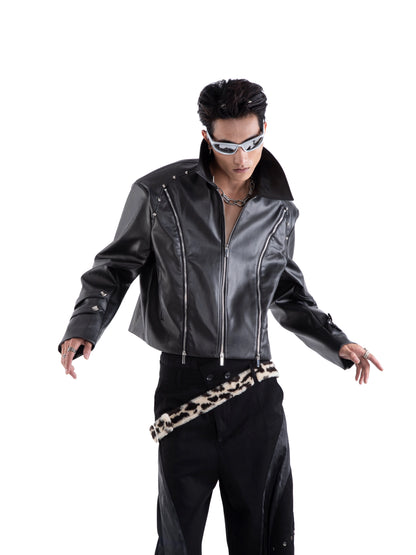 Rivet Multi-Zipper Shoulder-Pad Standing-Collar PU Leather Jacket WN20661
