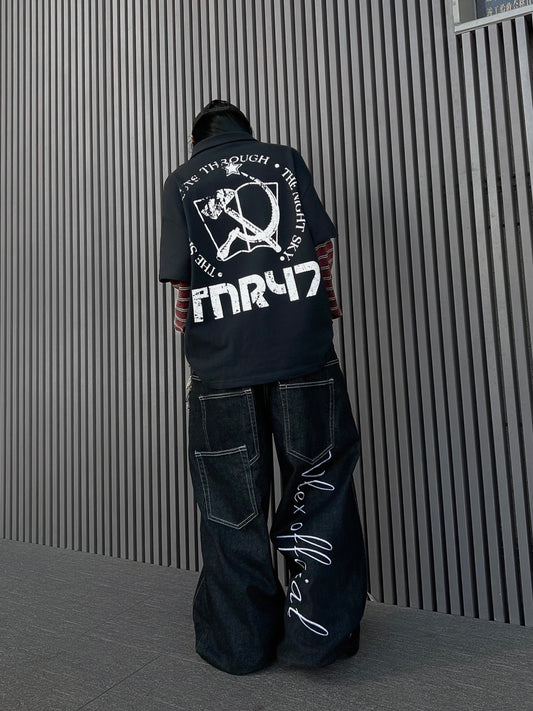 Star Embroidery Stripe Layered Long Sleeve Polo Shirt WN24160