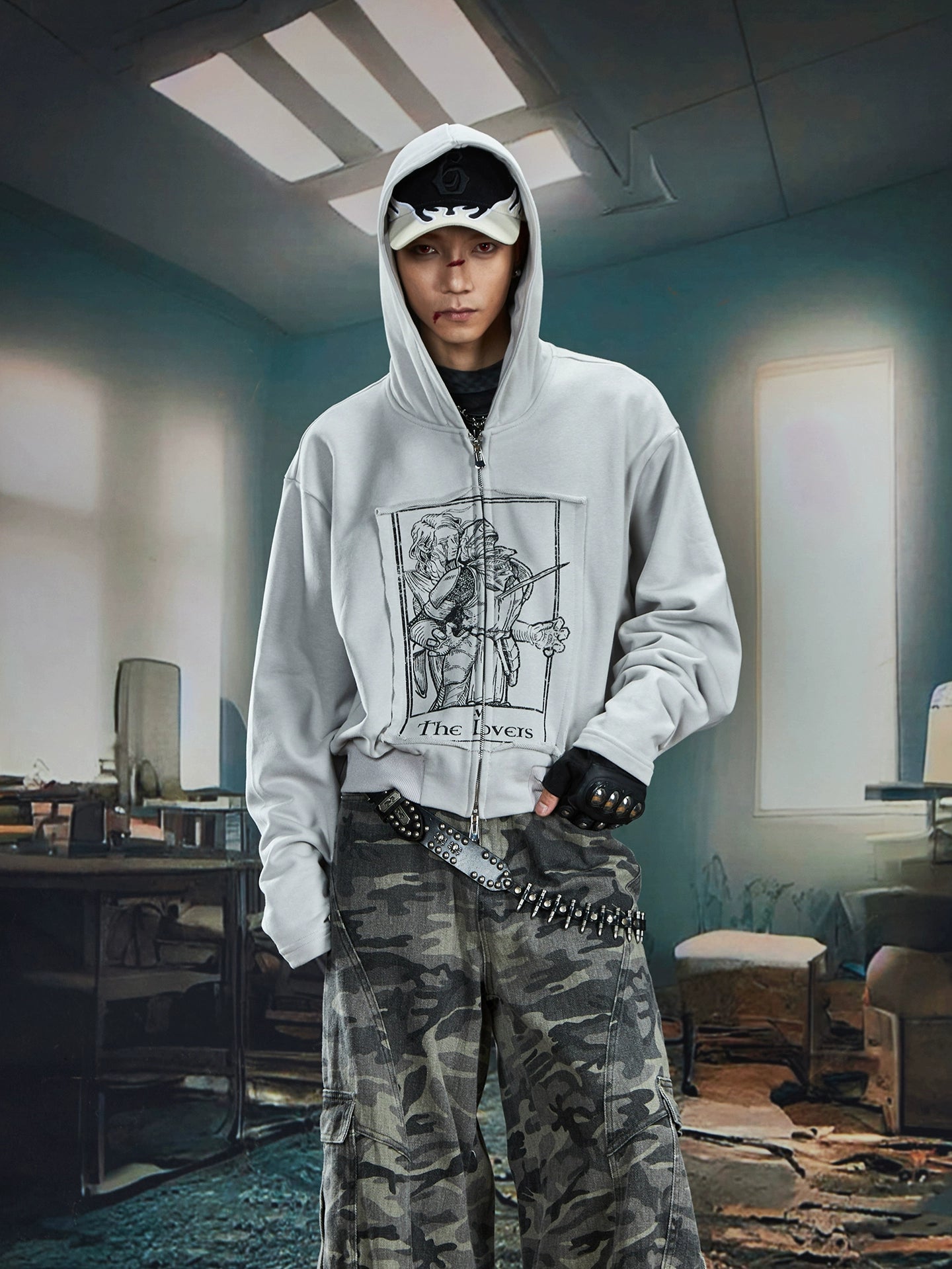 Print Short Slim Double Zipper Hoodie WN20577