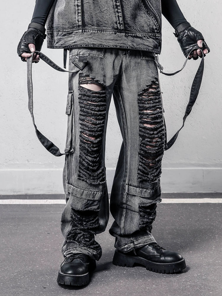 Ribbon Strap Damage Wash Wide Leg Denim Jeans WN22448