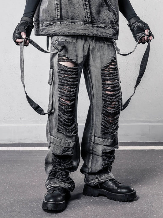 Ribbon Strap Damage Wash Wide Leg Denim Jeans WN22448