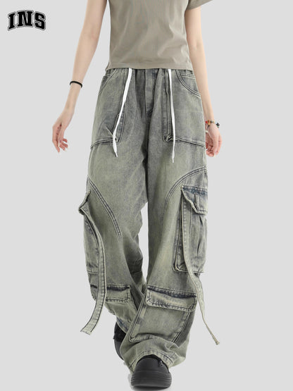 Multi Pocket Washed Wide-Leg Straight Cargo Denim Jeans WN7217