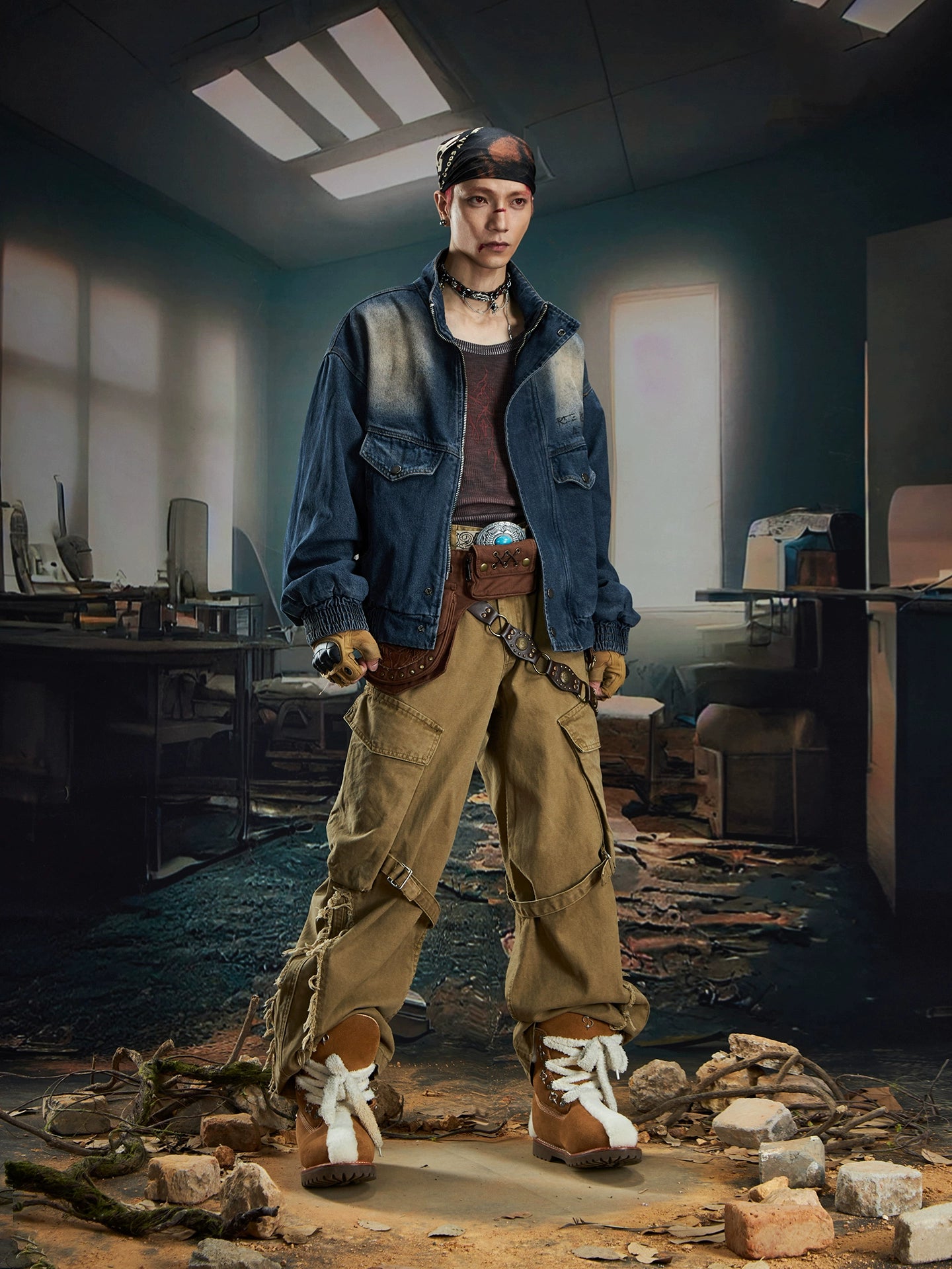 Large Pocket Washed Fringe Straight Cargo Denim Jeans WN20585