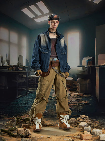 Large Pocket Washed Fringe Straight Cargo Denim Jeans WN20585