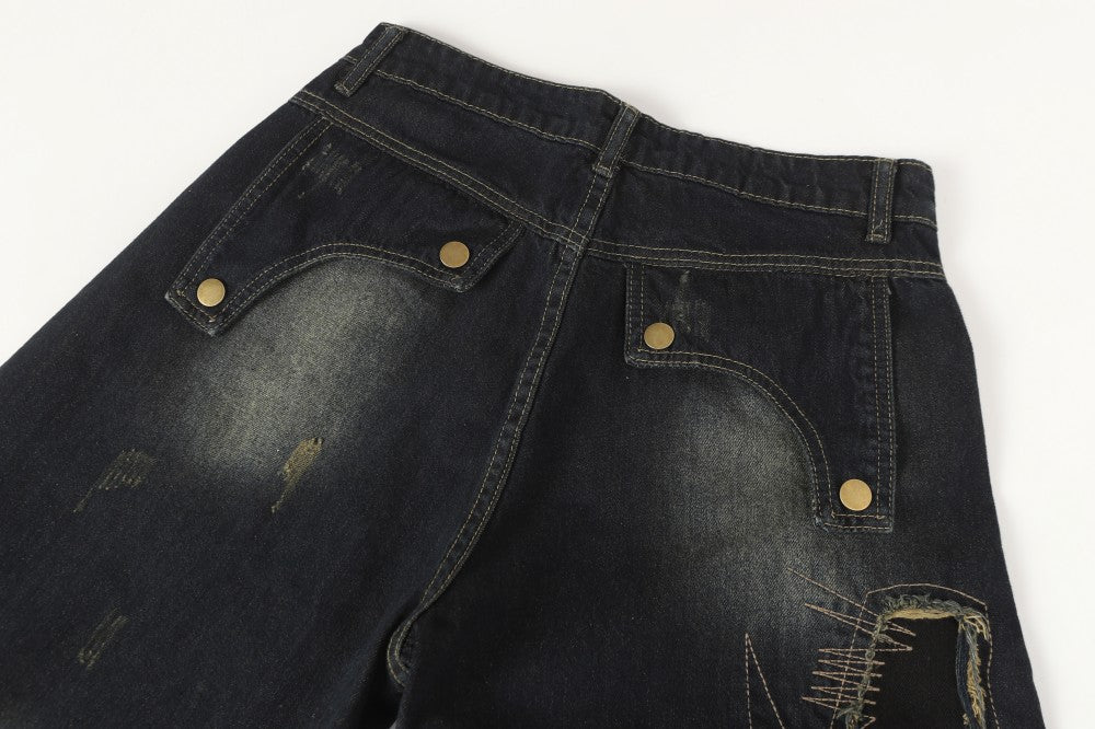 Damage Paint Graphic Wide Leg Denim Jeans WN28083
