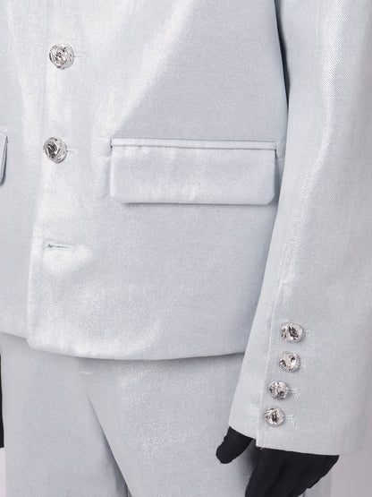 Glossy Standing-Collar Short Tailored Jacket & Wide Leg Flare Trousers Setup WN23749