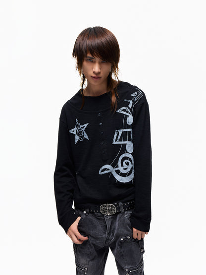 Henley Neck Fake Layered Music Note Print Long Sleeve T-Shirt WN27367