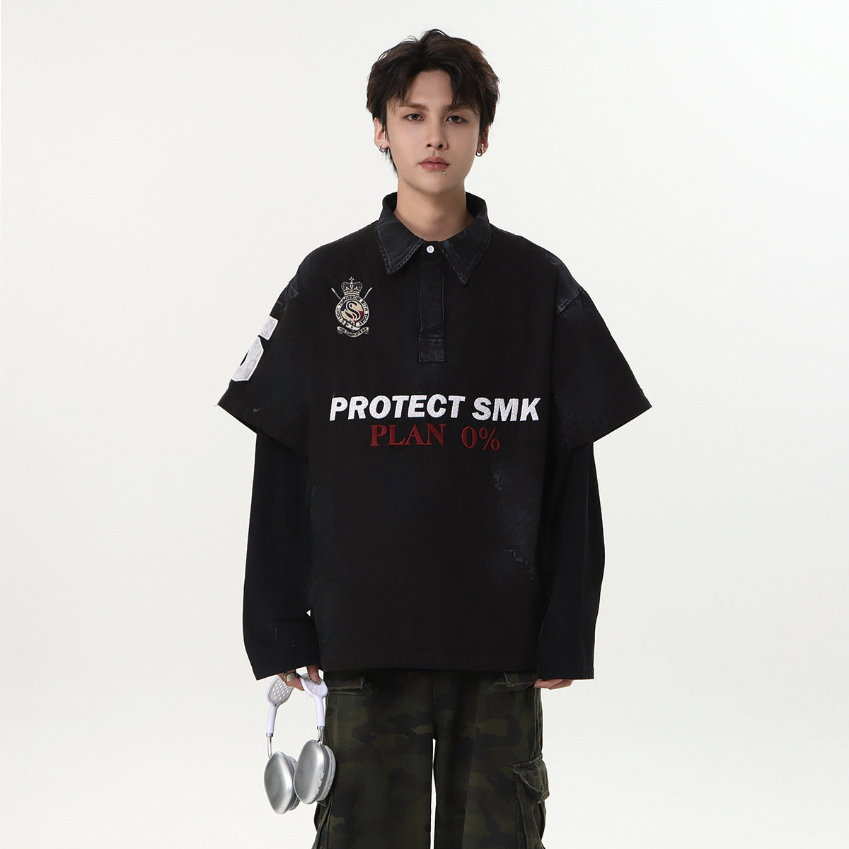 Dirty Washed Fake Layered Long Sleeve T-Shirt WN25805