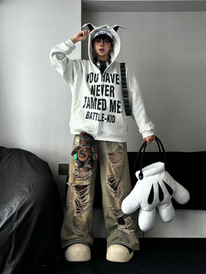 Washed Mud Effect Damage Ripped Wide Leg Straight Pants WN24201