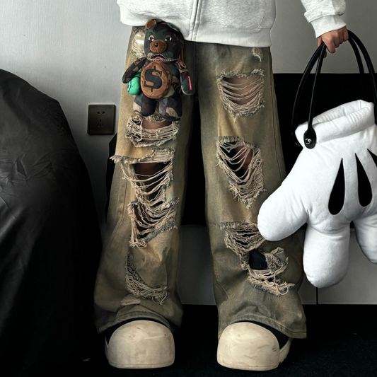 Washed Mud Effect Damage Ripped Wide Leg Straight Pants WN24201