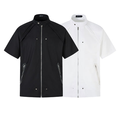 Stand Neck Zipper Structured Short Sleeve Shirt Jacket WN26873