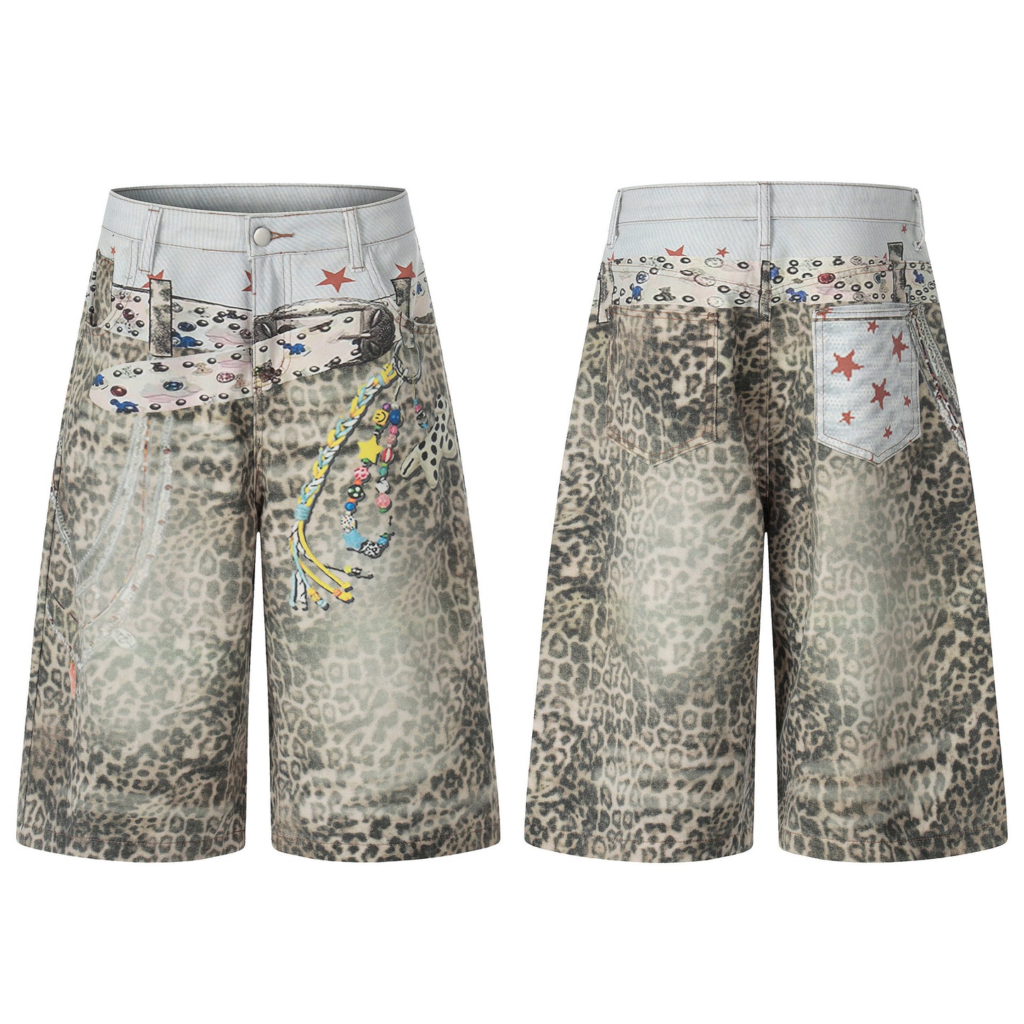 Allover Leopard Print Wide Leg Short Denim Jeans WN25650