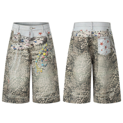 Allover Leopard Print Wide Leg Short Denim Jeans WN25650