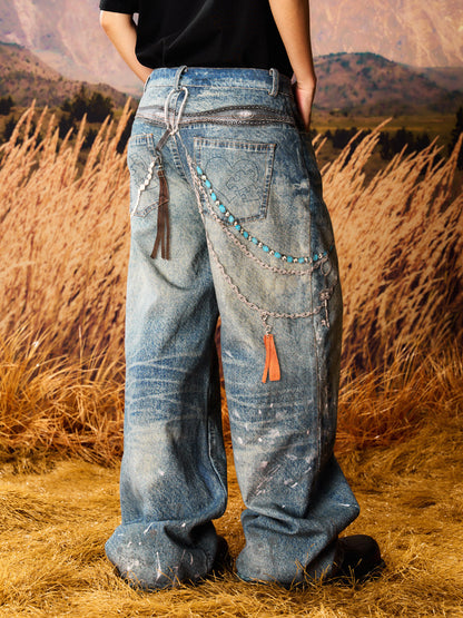 Chain Detail Paint Print Wide Leg Denim Jeans WN23228