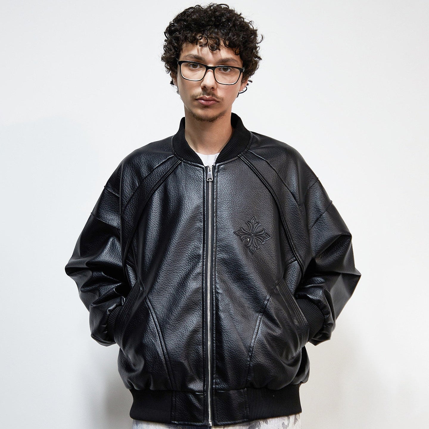 PU Leather Embroidery Baseball Collar Oversize Jacket WN22922