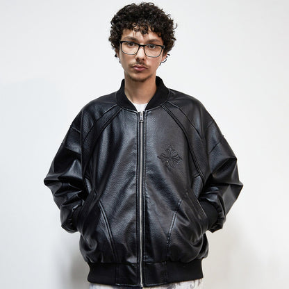 PU Leather Embroidery Baseball Collar Oversize Jacket WN22922