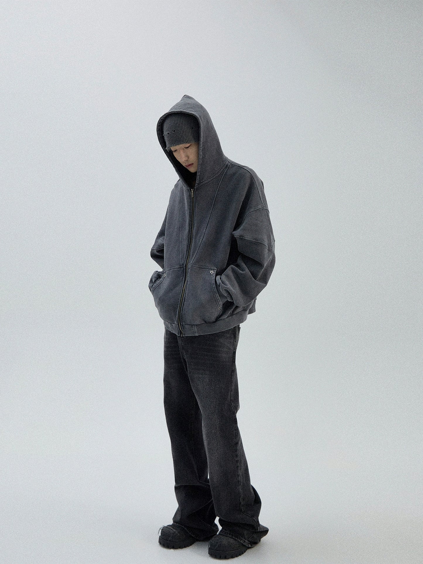 Washed Patchwork Oversize Zipper Hoodie WN8790