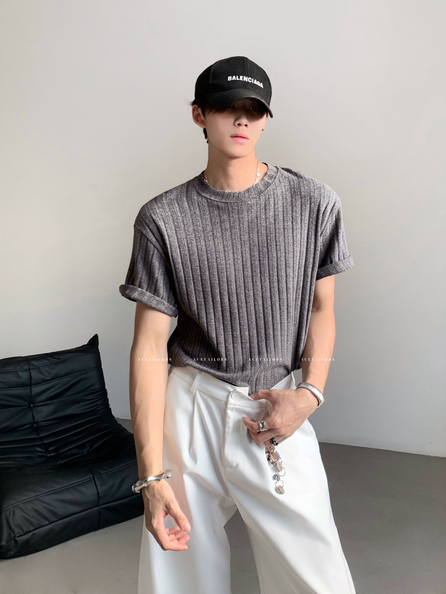 Vertical Stripe Knit Short Sleeve T-Shirt WN20085