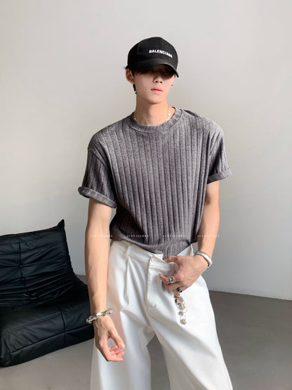 Vertical Stripe Knit Short Sleeve T-Shirt WN20085