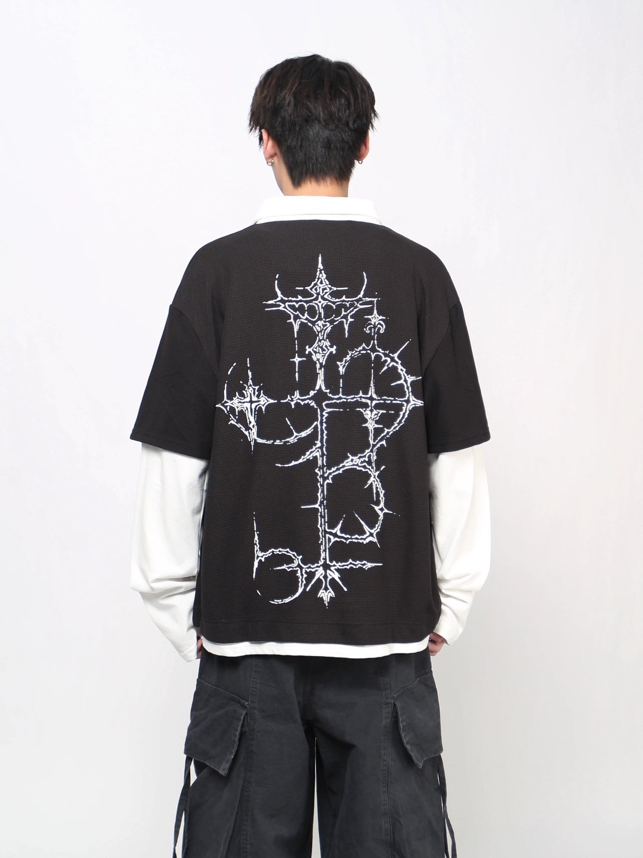 Thorn Gothic Print Fake Layered Waffle Long Sleeve T-Shirt WN21020