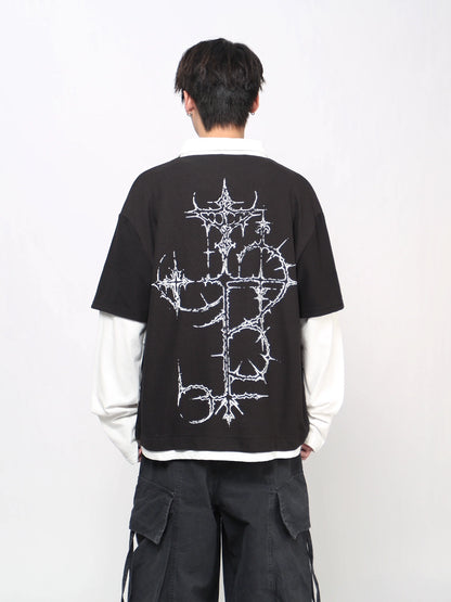Thorn Gothic Print Fake Layered Waffle Long Sleeve T-Shirt WN21020