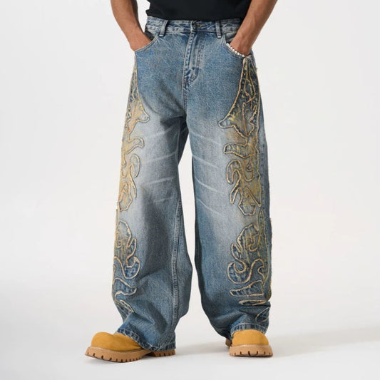 Frayed Applique Embroidery Washed Wide Leg Denim Jeans WN27833