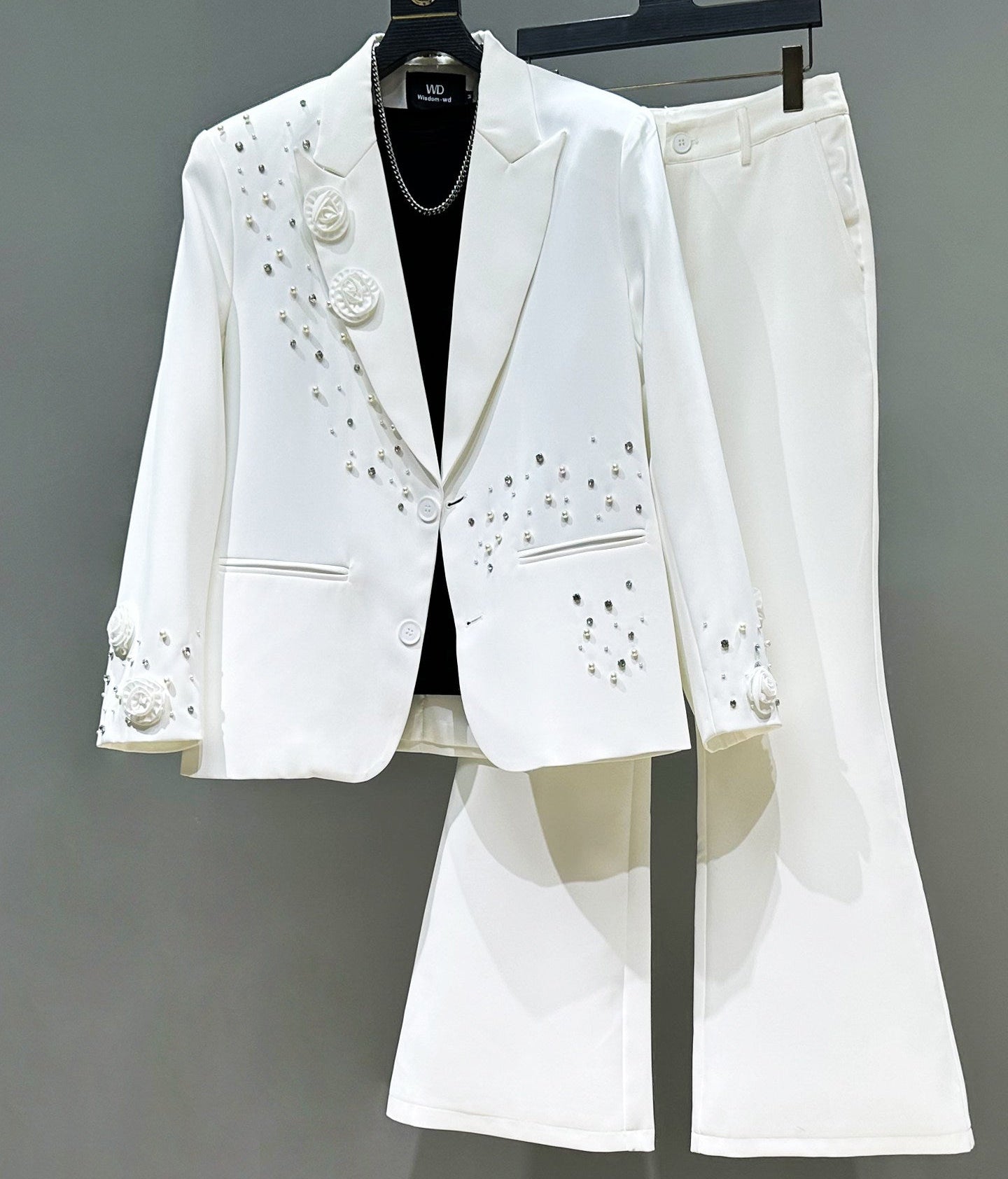 Beaded Rhinestone Tailored Jacket & Flare Trousers Setup WN23870