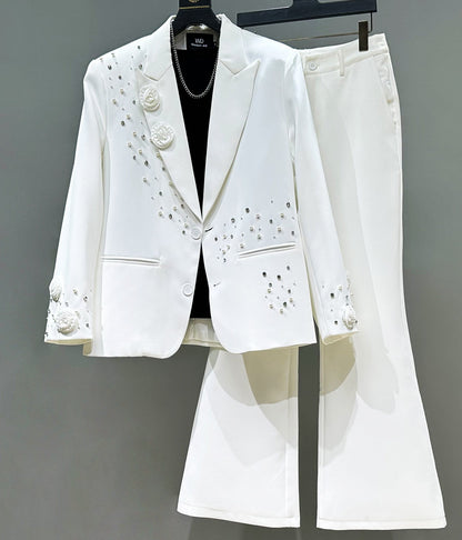 Beaded Rhinestone Tailored Jacket & Flare Trousers Setup WN23870