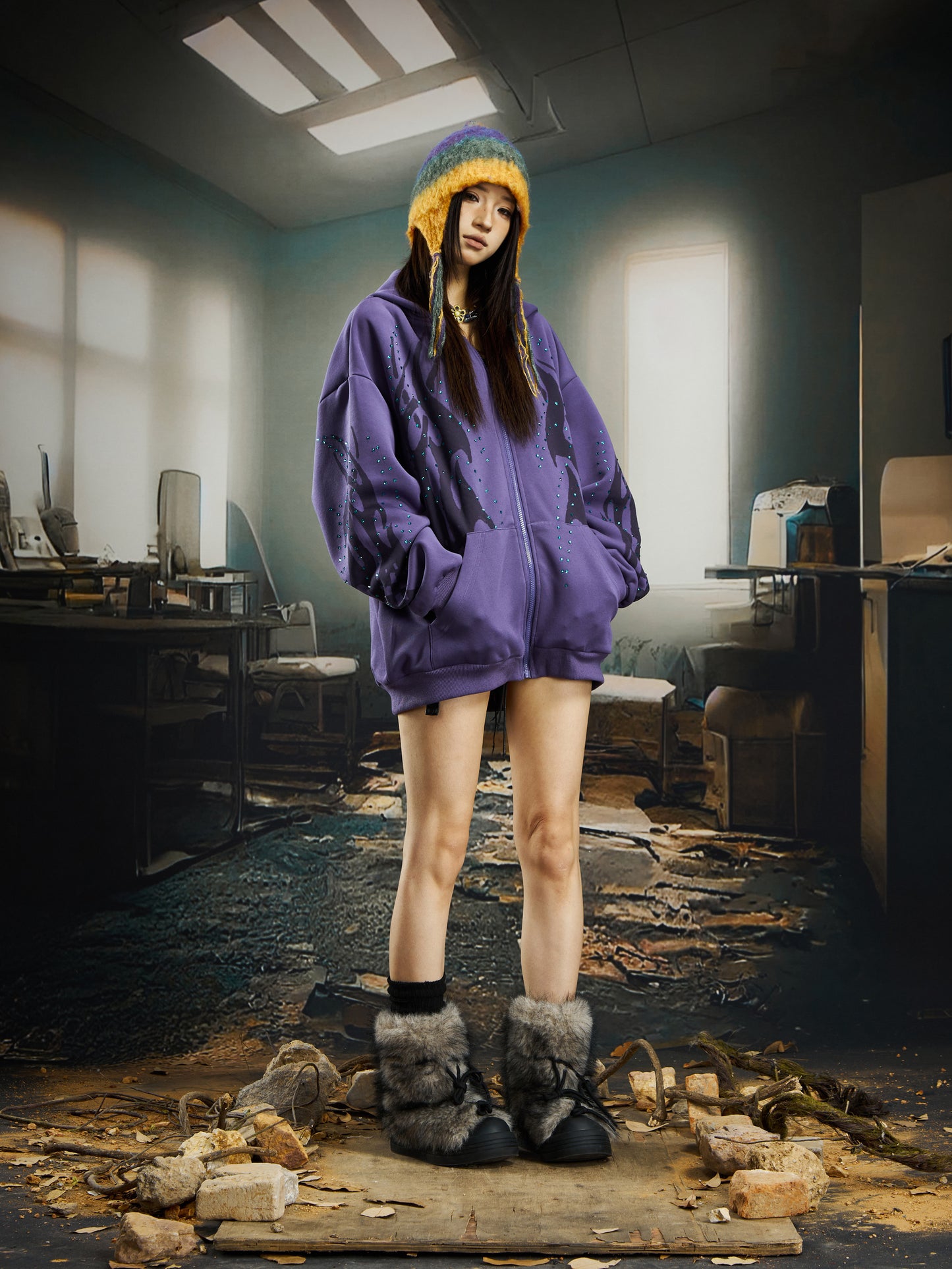 Totem Print Rhinestone Oversize Zipper Hoodie WN22736